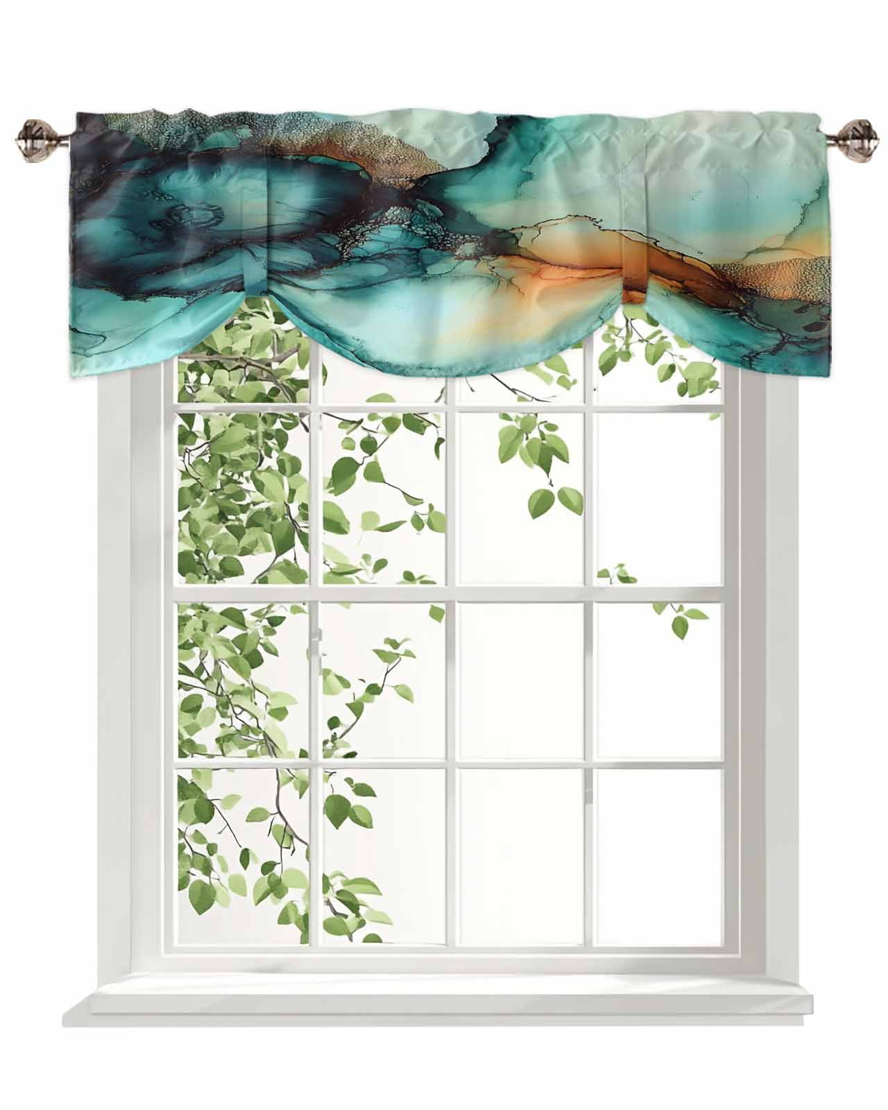 Abstract Water Ripple Art Tie Up Valances Curtain, Teal Green Orange Marble Texture Kitchen Valances for Windows Decor, Rod Pocket Short Curtains Set for Bedroom/Bathroom, 54"x18"