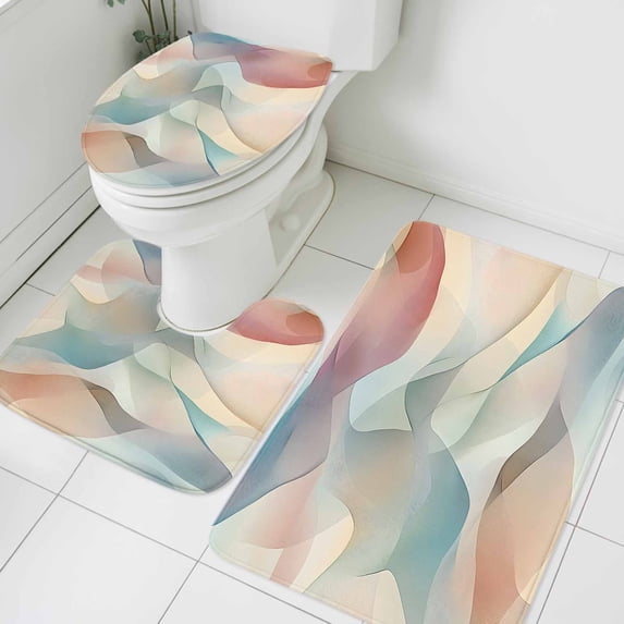 Abstract Water Ripple Bathroom Rugs Set Blue Brown Gradient Stitching Non Slip Absorbent Soft Bath Mats 3 Piece Set with Bathroom Rug, U-Shaped Floor Mat, Toilet Seat Cover Small Size
