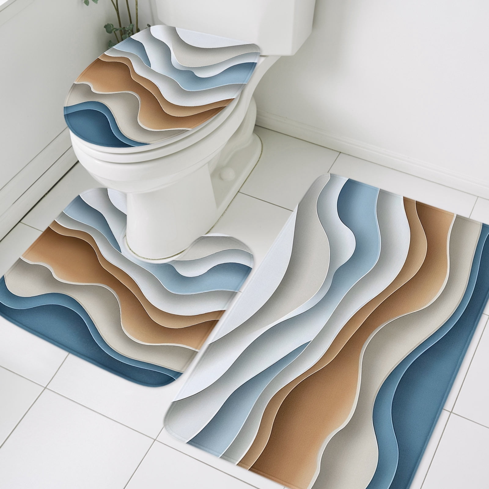 Abstract Water Ripple Bathroom Rugs Set Modern Brown Blue Flow Art Non ...