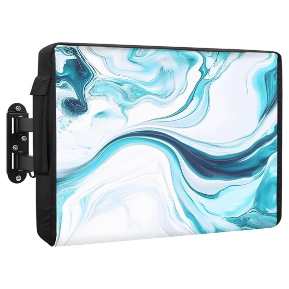 Abstract Water Ripple Outdoor TV Cover 80 to 85 Inch Blue Gradient Modern Ocean Weatherproof and Waterproof TV Cover Heavy Duty Outside Flat TV Screen Protector with Remote Control Pocket