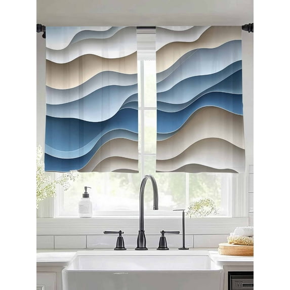 Abstract Water Ripple Sheer Curtains 45 Inches Long 2 Panels Modern Beige Blue Gradient Light Filtering Semi Sheer Window Curtains Drapes for Bedroom Living Room 52"x45"