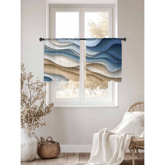 Abstract Water Ripple Sheer Curtains 54Inches Long 2 Panels, Semi Sheer Rod Pocket Window Curtains Light Filtering Drapes Modern Blue Beige Gradient for Living Room Bedroom