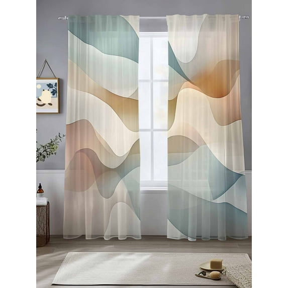 Abstract Water Ripple Sheer Curtains 96 Inches Long 2 Panels Brown Blue Gradient Stitching Light Filtering Semi Sheer Window Curtains Drapes for Bedroom Living Room 52"x96"