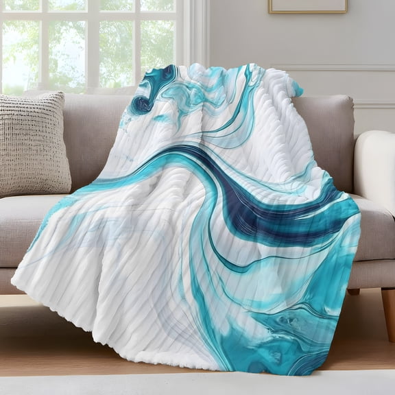 Abstract Water Ripple Throw Blanket for Couch Blue Gradient Modern Ocean Soft and Warm Flannel 3D Striped Fluffy Fuzzy Fleece Blanket Lightweight Throw for Bed, Sofa 30 x 40 Inches
