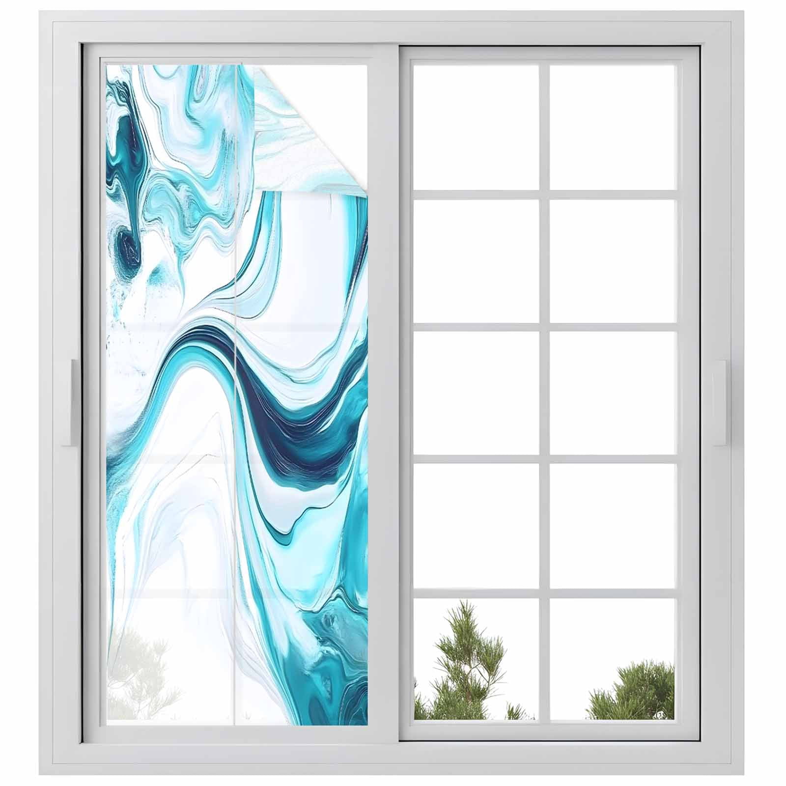 Abstract Water Ripple Window Privacy Film Blue Gradient Modern Ocean Decorative Glass Window Film UV Blocking Static Cling Non-Adhesive Sticker Covering for Home Door 29.5 x 78.7 inches