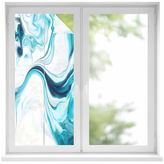 Abstract Water Ripple Window Privacy Film Blue Gradient Modern Ocean Decorative Glass Window Film UV Blocking Static Cling Non-Adhesive Sticker Covering for Home Door 17.7 x 39.3 inches