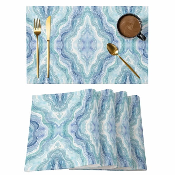Abstract Water Waves Cotton Linen Placemats Set of 8, Watercolor Blue ...