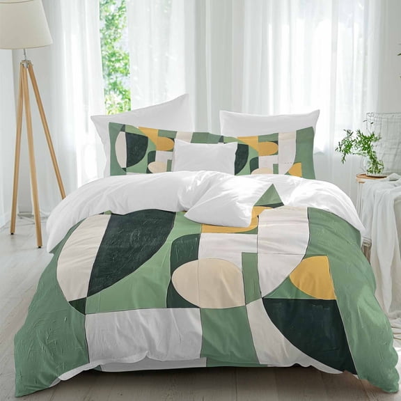 Abstract Watercolor 4 Piece Duvet Cover Set Full Size Street Art Green Geometric Design Soft Bedding Set Comforter Cover, 1 Duvet Cover 1 Flat Sheets and 2 Pillowcases