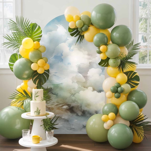 Abstract Watercolor Arch Backdrop Cover, 6.6FT, Gradient Sky Blue Clouds Spandex Arch Covers Double-Sided Backdrop for Wedding Birthday Party Photo Background Decoration