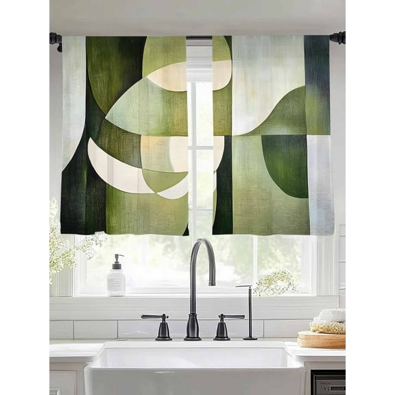 Abstract Watercolor Art Sheer Curtains 45 Inches Long 2 Panels Geometric Green Beige Decor Light Filtering Semi Sheer Window Curtains Drapes for Bedroom Living Room 52"x45"