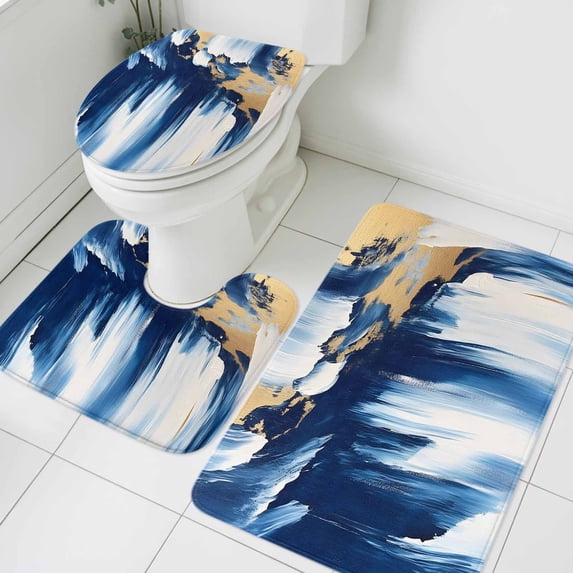 Abstract Watercolor Bathroom Rugs Set Graffiti Art Gold Blue Blend Non Slip Absorbent Soft Bath Mats 3 Piece Set with Bathroom Rug, U-Shaped Floor Mat, Toilet Seat Cover Large Size