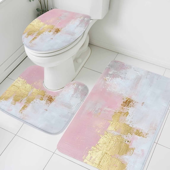 Abstract Watercolor Bathroom Rugs Set Pink Gold Fluid Blend Non Slip Absorbent Soft Bath Mats 3 Piece Set with Bathroom Rug, U-Shaped Floor Mat, Toilet Seat Cover Small Size