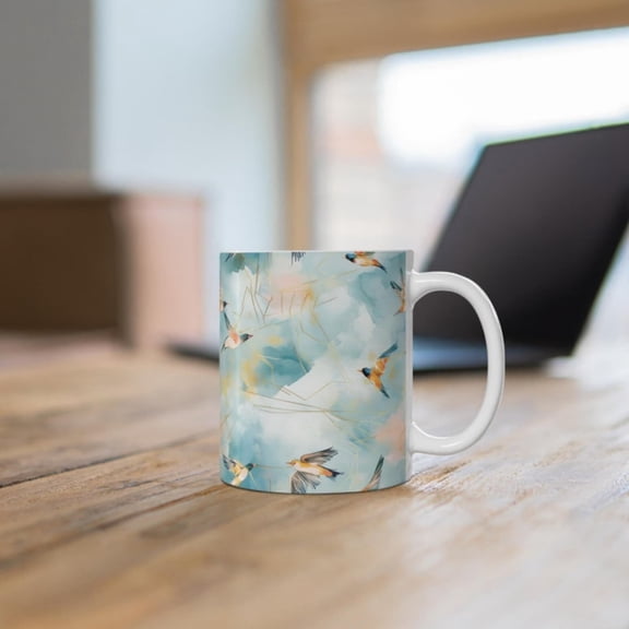 Abstract Watercolor Bi Ceramic Mug, Modern Art Pattern Coffee Cup, Bird Lover Gift, Artistic Painting Tea Cup, & oz.