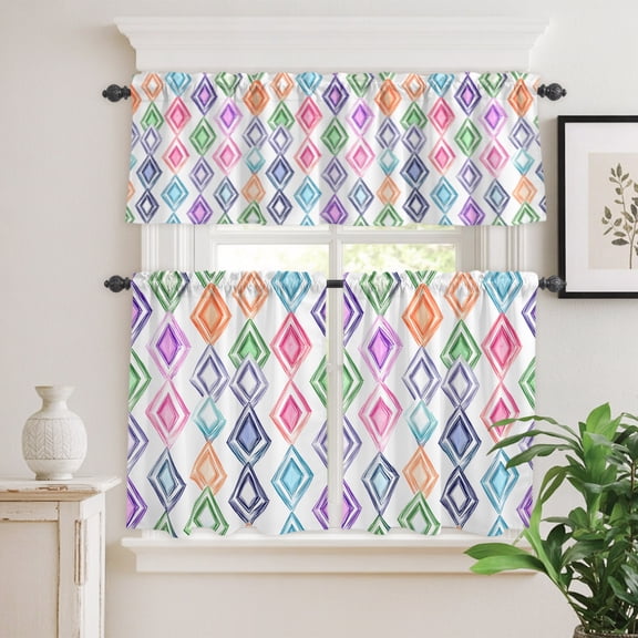 Abstract Watercolor Blocks Curtain Tier and Valance Set 3 Piece,Retro Geometric Patchwork 3-inch Rod Pocket Window Tier Curtains Valance for Kitchen Living Room