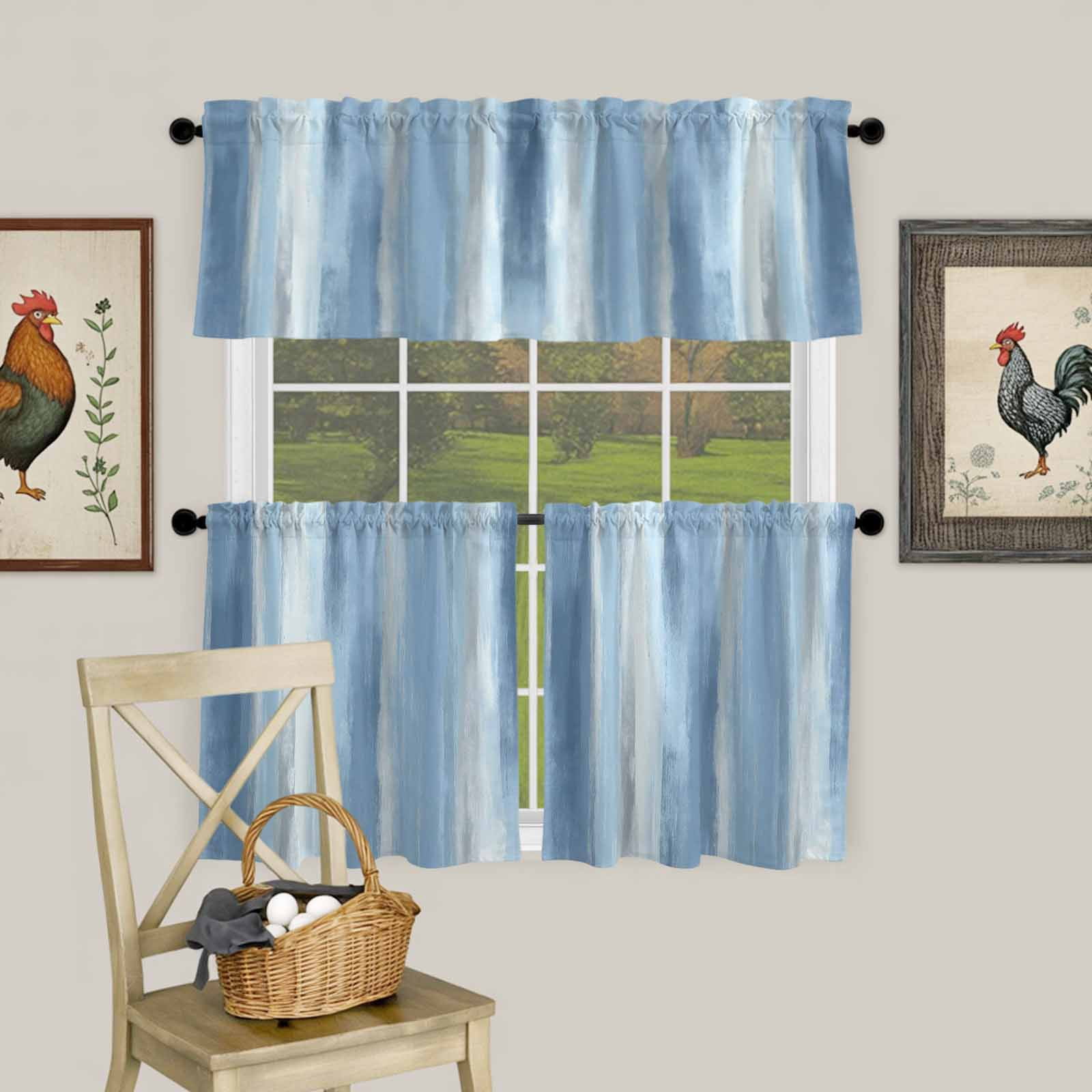 Abstract Watercolor Blue Gray Curtain Tier and Valance Set 3 Piece ...