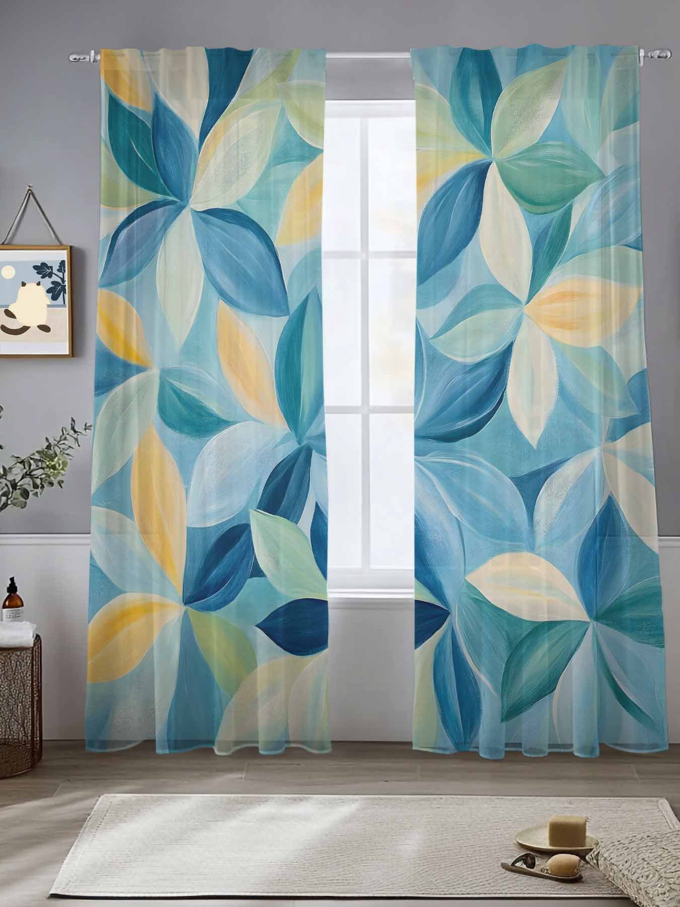 Abstract Watercolor Colorful Leaf Chiffon Sheer Curtains 84 Inches Long ...
