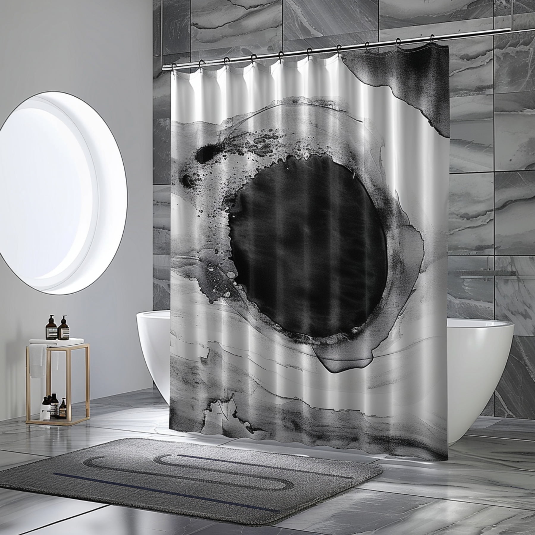 Abstract Watercolor Design Bathroom Curtain with Dark Gray & White ...