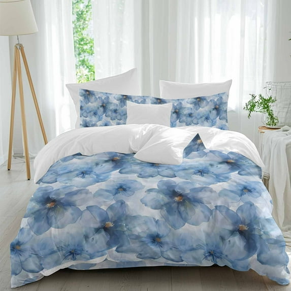 Abstract Watercolor Duvet Cover Set Queen Size Blue Flower Floral Soft Lightweight Comforter Covers 4 Piece Bedding Set with 1 Duvet Cover 1 Bed Sheet & 2 Pillow Shams