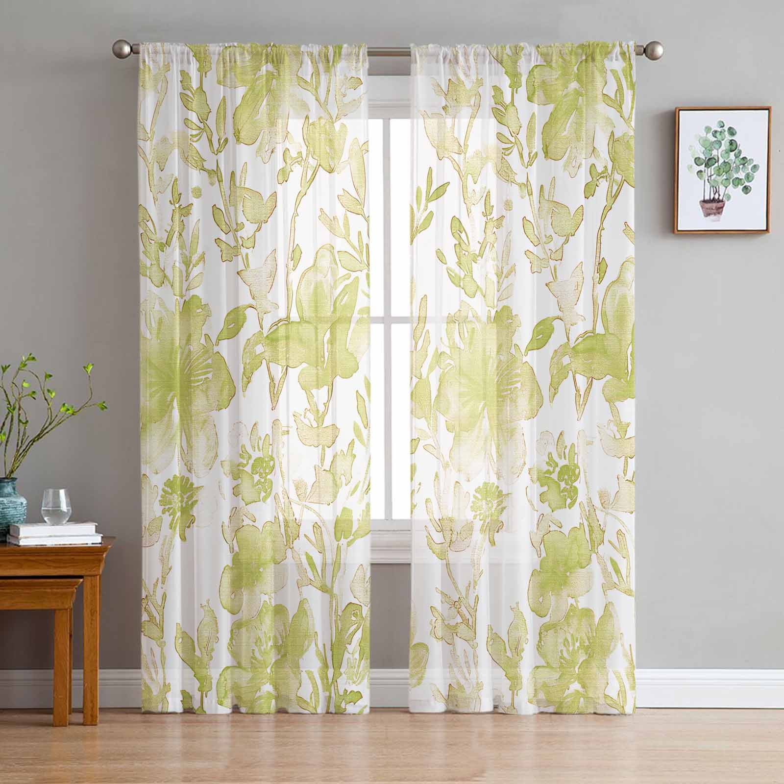 Abstract Watercolor Flowers And Plants Sheer Curtain Living Room Drapes ...