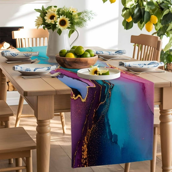 Abstract Watercolor Gold Lines Art Table Runner-90 Inch Long Purple Teal Ripples Table Runners Linen Burlap Tablerunner for Kitchen Dining Room Holiday Party