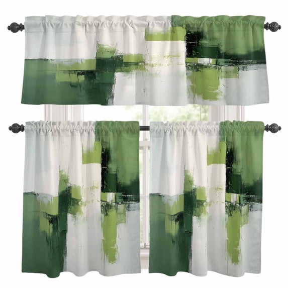 Abstract Watercolor Kitchen Curtains Valances and Tiers Set of 3 Black Green Fluid Blending Tier Curtains and Valance with Rod Pocket for Small Windows, 27.5"x24"