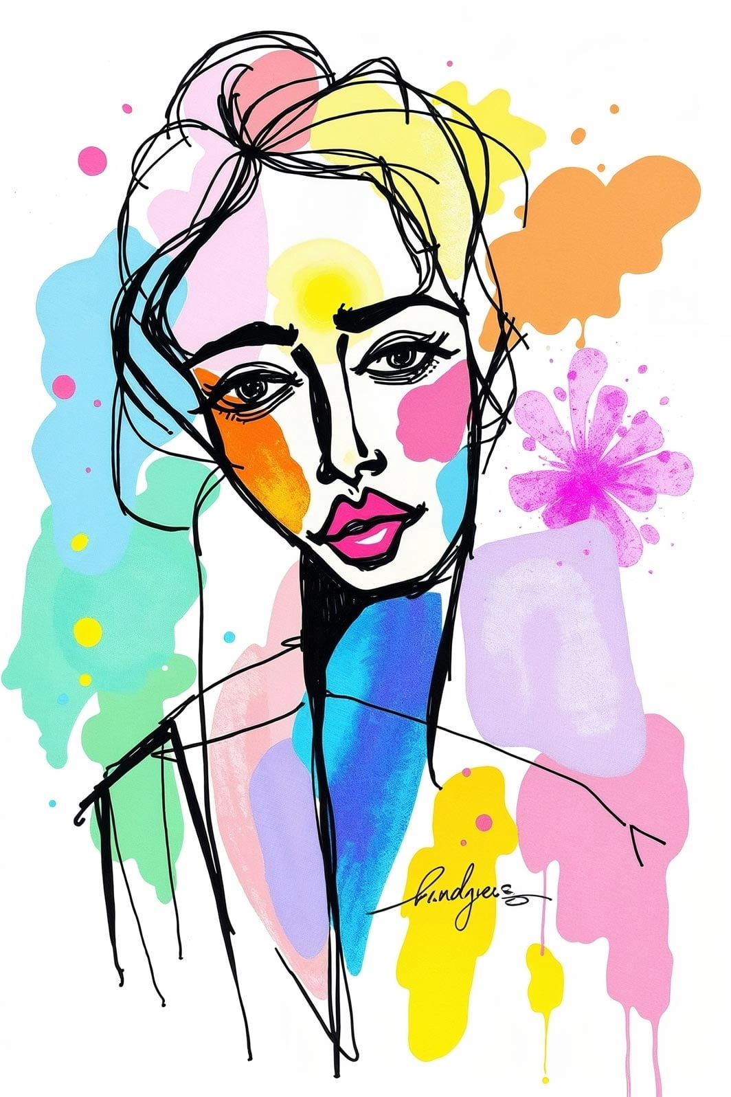 Abstract Watercolor Line Art Female Portrait Poster – Color Splash ...