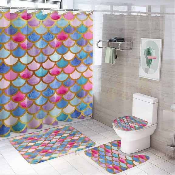 Abstract Watercolor Mermaid Scales 4 Piece Shower Curtain Sets,Retro Colorful Mermaid Fish Scales Non-Slip Rugs,Toilet Lid Cover and Bath Mat,Durable and Waterproof,for Bathroom Decor Set