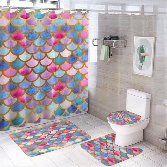 Abstract Watercolor Mermaid Scales 4 Piece Shower Curtain Sets,Retro Colorful Mermaid Fish Scales Non-Slip Rugs,Toilet Lid Cover and Bath Mat,Durable and Waterproof,for Bathroom Decor Set