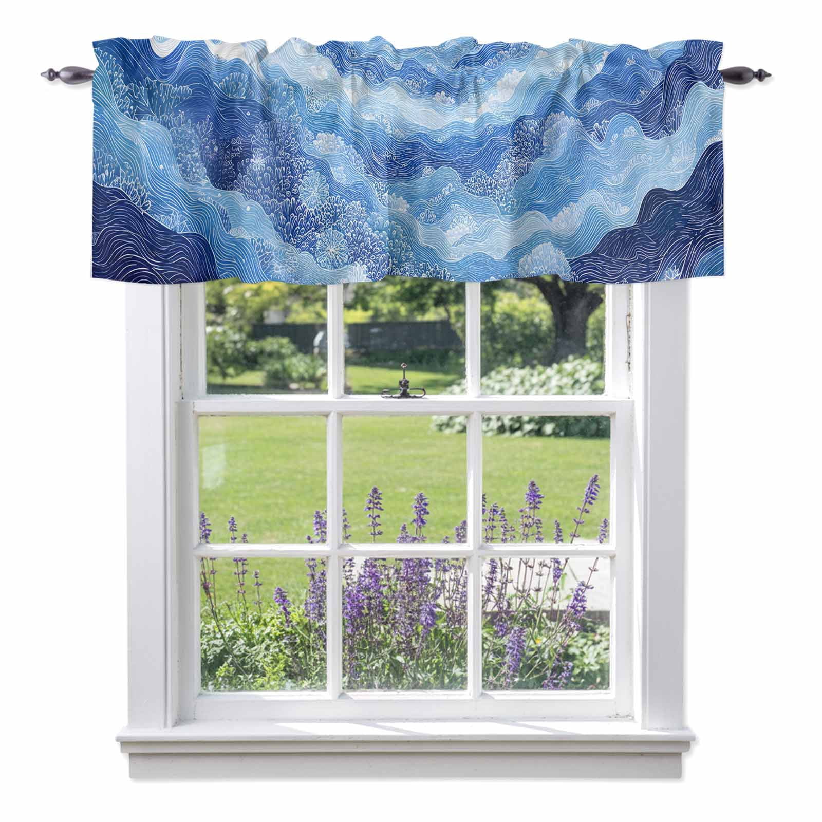 Abstract Watercolor Ocean Wave Valances for Windows,Kitchen Valance Rod ...