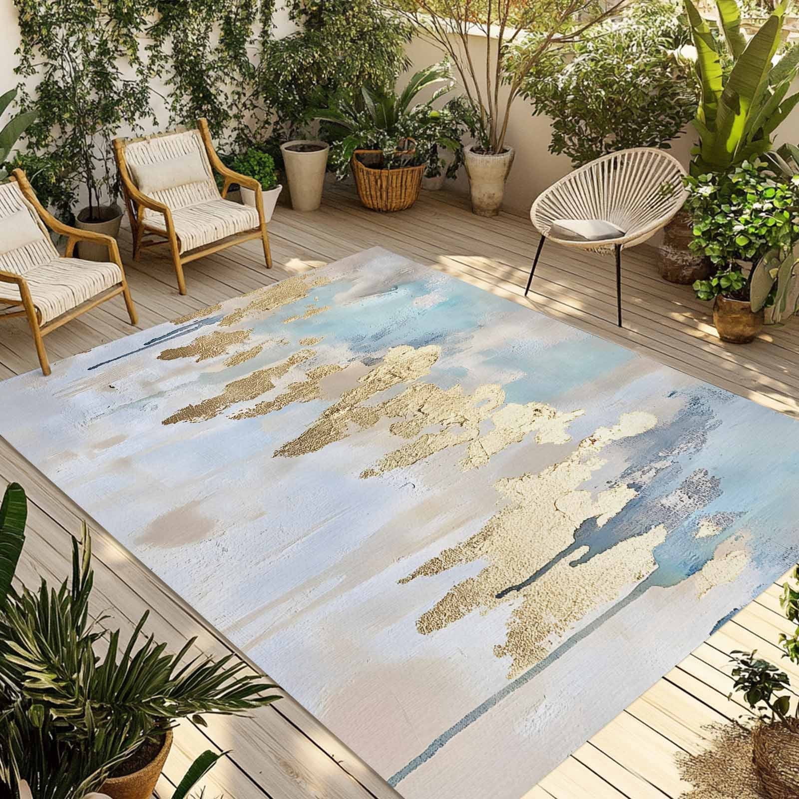 Abstract Watercolor Outdoor Rug, Blue Gold Blending Pattern Non-Slip ...