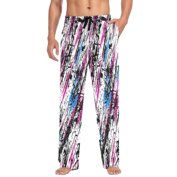 Abstract Watercolor Pattern Mens Cotton Pajama Pants Long Staple Lightweight Sleep Bottoms with Pockets Breathable