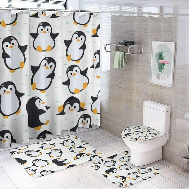 Abstract Watercolor Penguin Shower Curtain Sets 4 Piece Rustic Funny Cute Woodland Penguin Wave Design Bathroom Decor Sets with Rugs Include Waterproof Non Slip Toilet Lid Cover Bath Mat Walmart