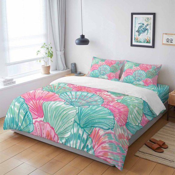 Abstract Watercolor Pink Green Shell King Size Bed Set,Summer Marine Life Bedding for All Seasons,4 Pcs Bed Set with 1 Quiltcover (104"x90"),1 Sheet (108"x98"),2 Pillowcases (20"x36")