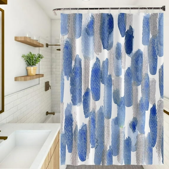 Abstract Watercolor Shower Curtain Blue and Grey Grunge Geometric Modern Aesthetic Bath Curtains Decorative Polyester Fabric Cloth Bathroom Shower Curtains Set with Hooks, 72x72 Inch