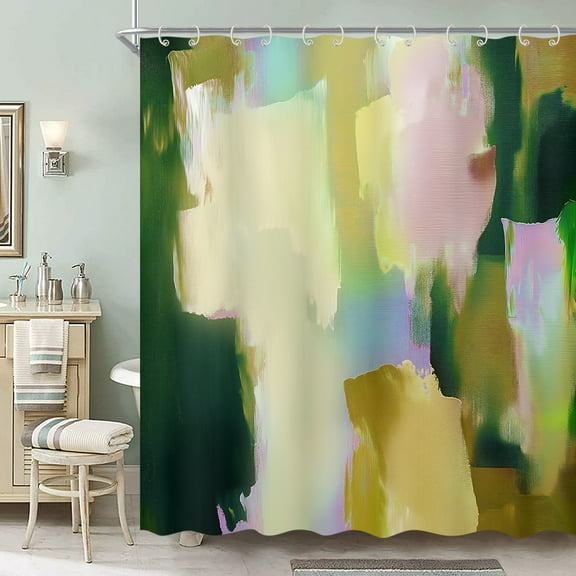 Abstract Watercolor Shower Curtain, Green Brown Geometric Modern Contemporary Colorful Aesthetic Shower Curtain Set for Girls, Minimalist Style Oil Painting Bathroom Decor with 12 Hooks 72x72 inch