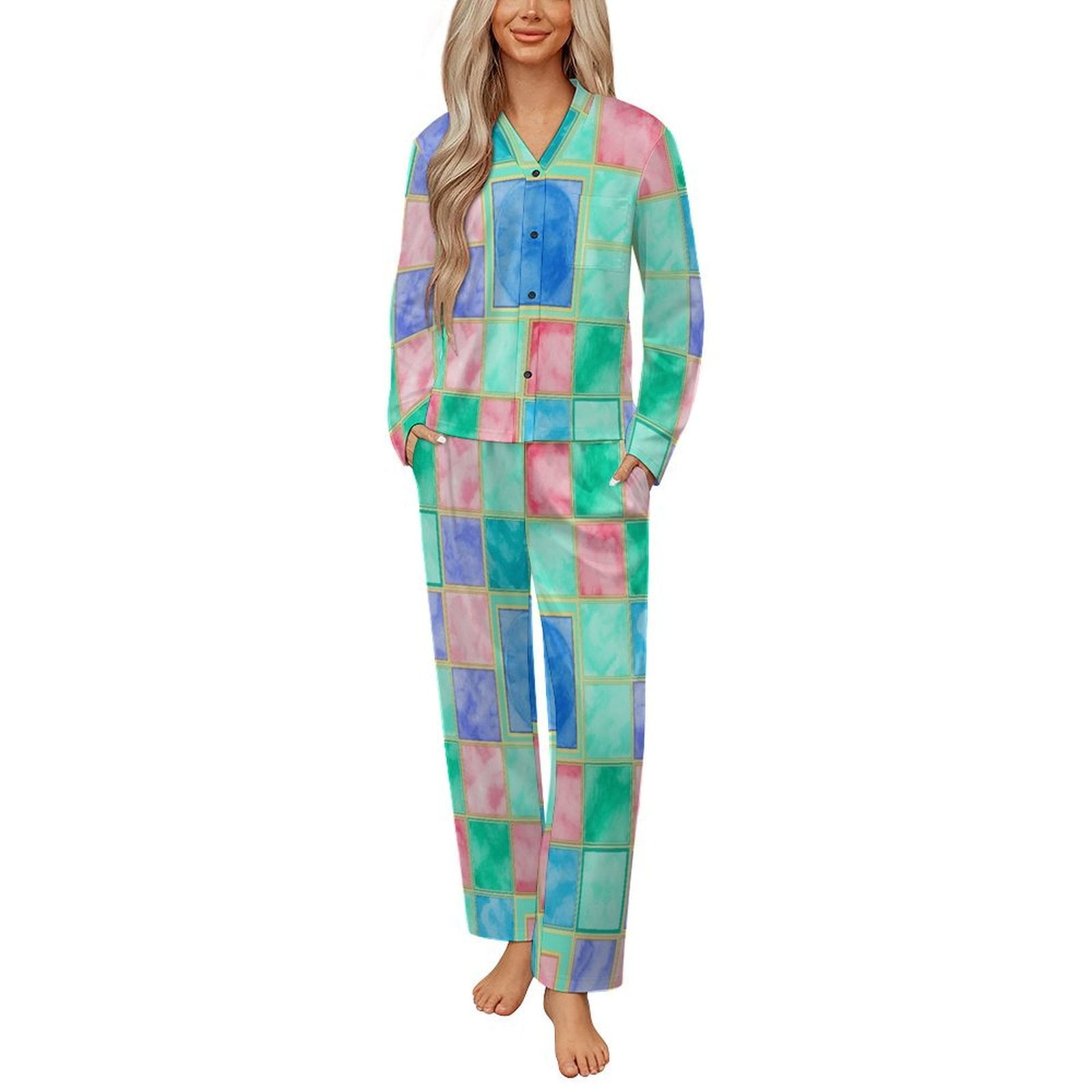 Abstract Watercolor Square Pattern Womens Pyjamas Set Button Up Pyjamas ...