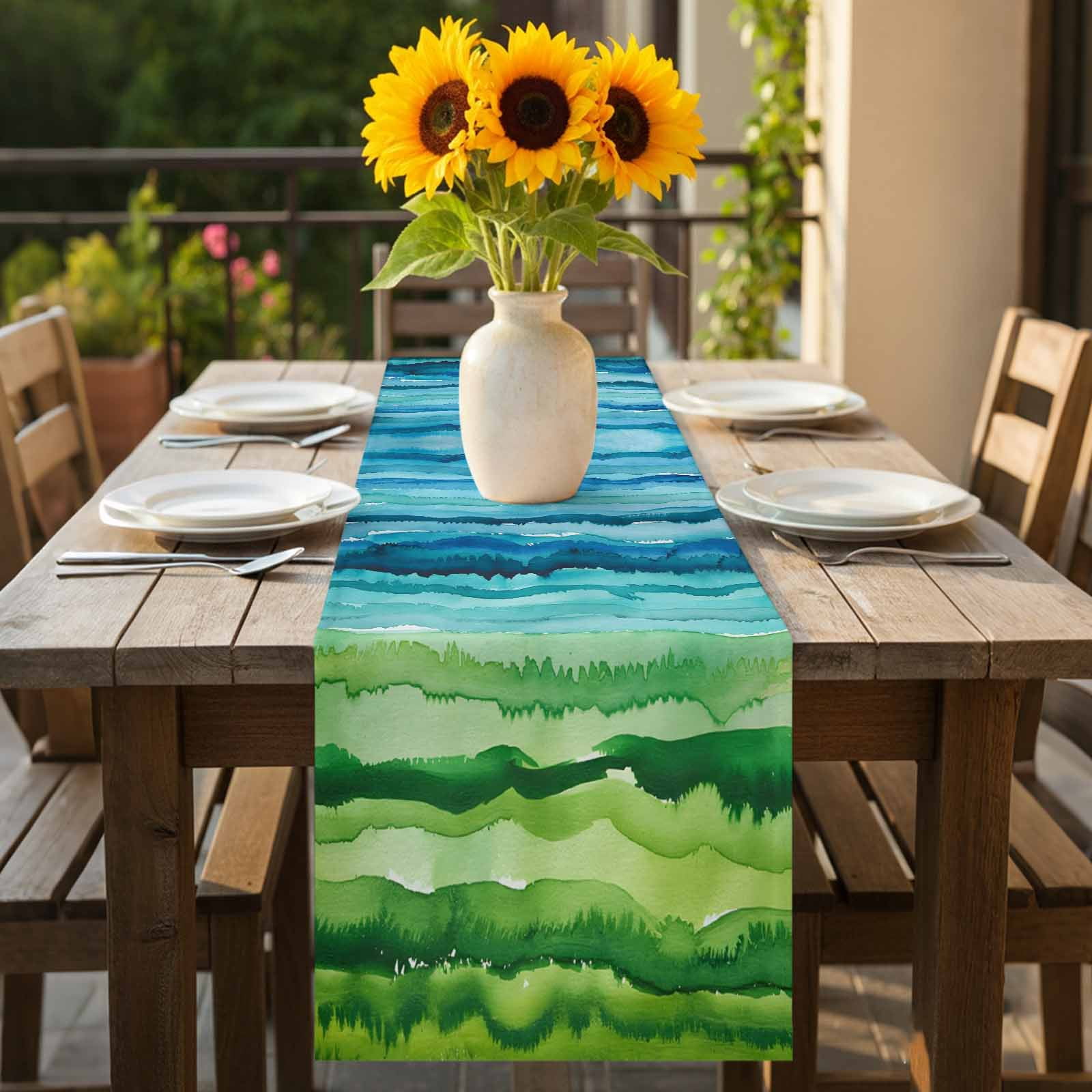 Abstract Watercolor Stripes Artwork Table Runner-70 Inch Long Blue ...