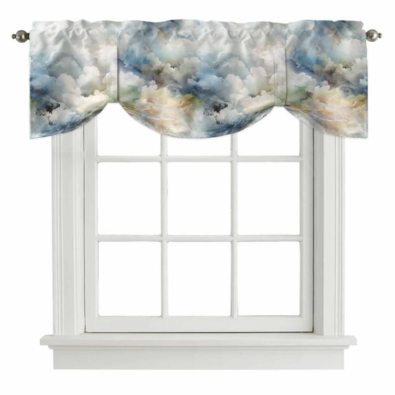 Abstract Watercolor Tie Up Valance for Windows Gradient Sky Blue Clouds Adjustable Curtain Valance Rod Pocket Balloon Shade Window Treatment for Kitchen Living Room Bedroom 42x12inch