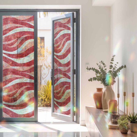 Abstract Watercolor Wave Texture Window Privacy Film, Rainbow Film Decorative Window Sticker 23.6x78.7in, Modern Gradient Stripe Sun Blocking Static Stained Glass Cling Tint Non-Adhesive