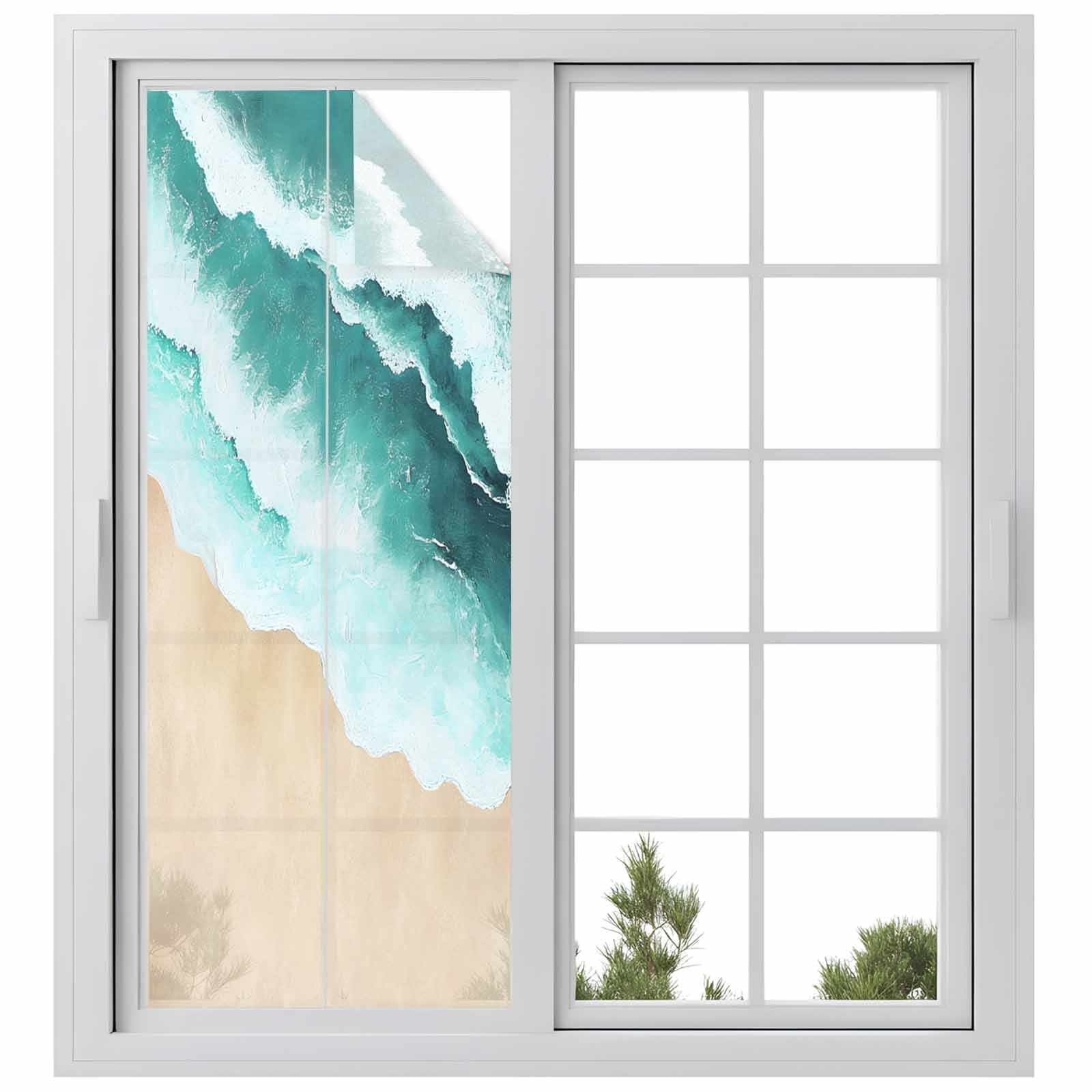 Abstract Watercolor Window Privacy Film, Gradient Green Waves Beach Seaside Frosted Glass Window Clings Static Cling UV Heat Blocking Reusable Door Sticker for Bathroom 23.6 x 59 Inch
