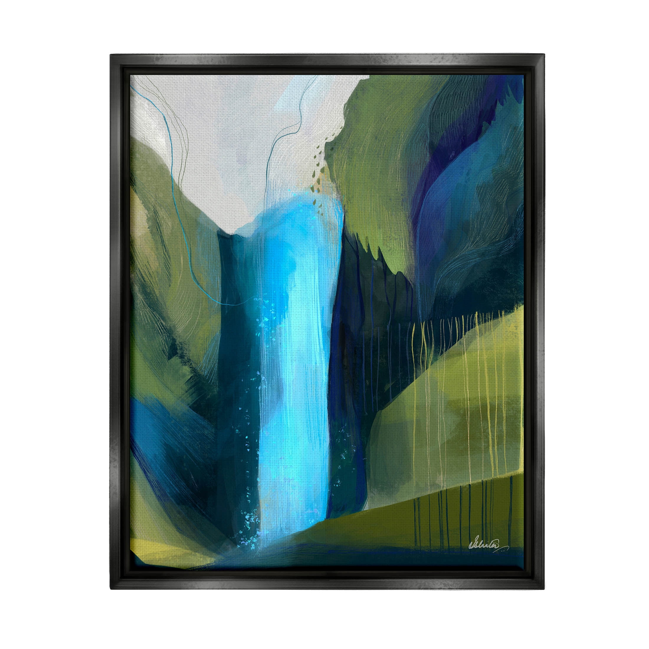 Abstract Waterfall Layered Landscape Abstract Graphic Art Jet Black Framed Art Print Wall Art
