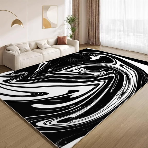 Abstract Wave Area Rugs, Black White Fluid Swirl Carpet, Washable Non Slip Low Pile Soft Rug for Living Room Bedroom Office Decor Mat 2ftx3ft