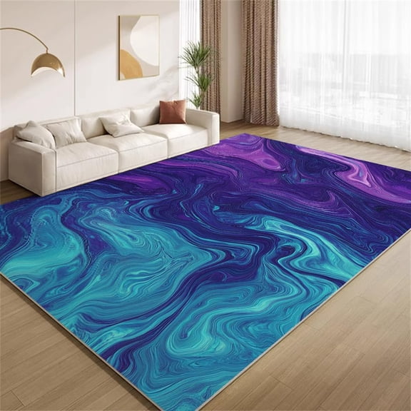 Abstract Wave Area Rugs, Blue Purple Fluid Texture Carpet, Washable Non Slip Low Pile Soft Rug for Living Room Bedroom Study Decor Mat 5ftx6ft