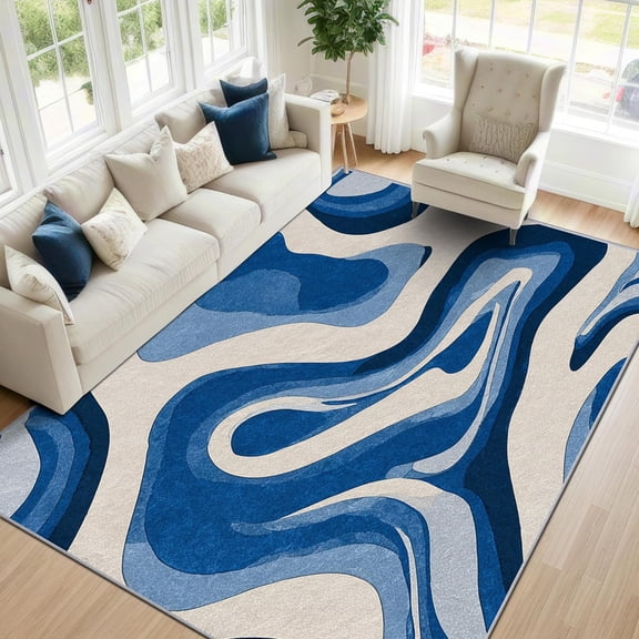 Abstract Wave Area Rugs, Blue White Pattern Carpet, Washable Non Slip Low Pile Soft Rug for Living Room Bedroom Decor Mat 2x3ft