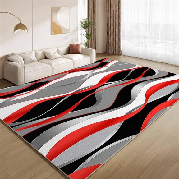 Abstract Wave Area Rugs, Grey Red Black Carpet, Washable Non Slip Low Pile Soft Rug for Bedroom Living Room Decor Mat 3ftx5ft