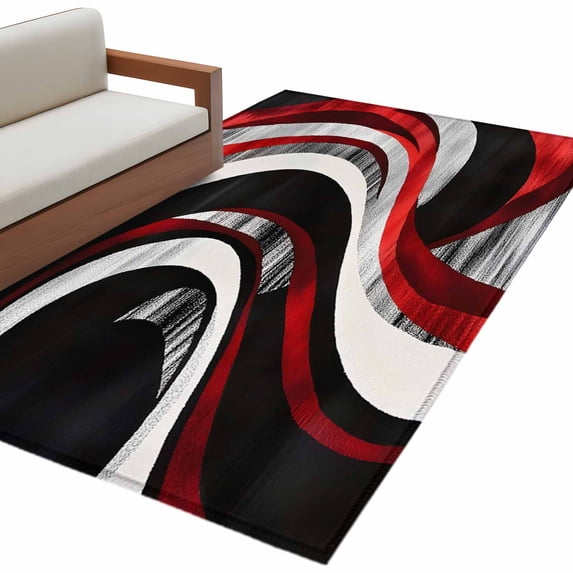 Abstract Wave Area Rug 3x5ft Red Black Line Non-Slip Washable Square Rugs Soft Felt Indoor Floor Mat for Bedroom Kitchen Living Room Bathroom