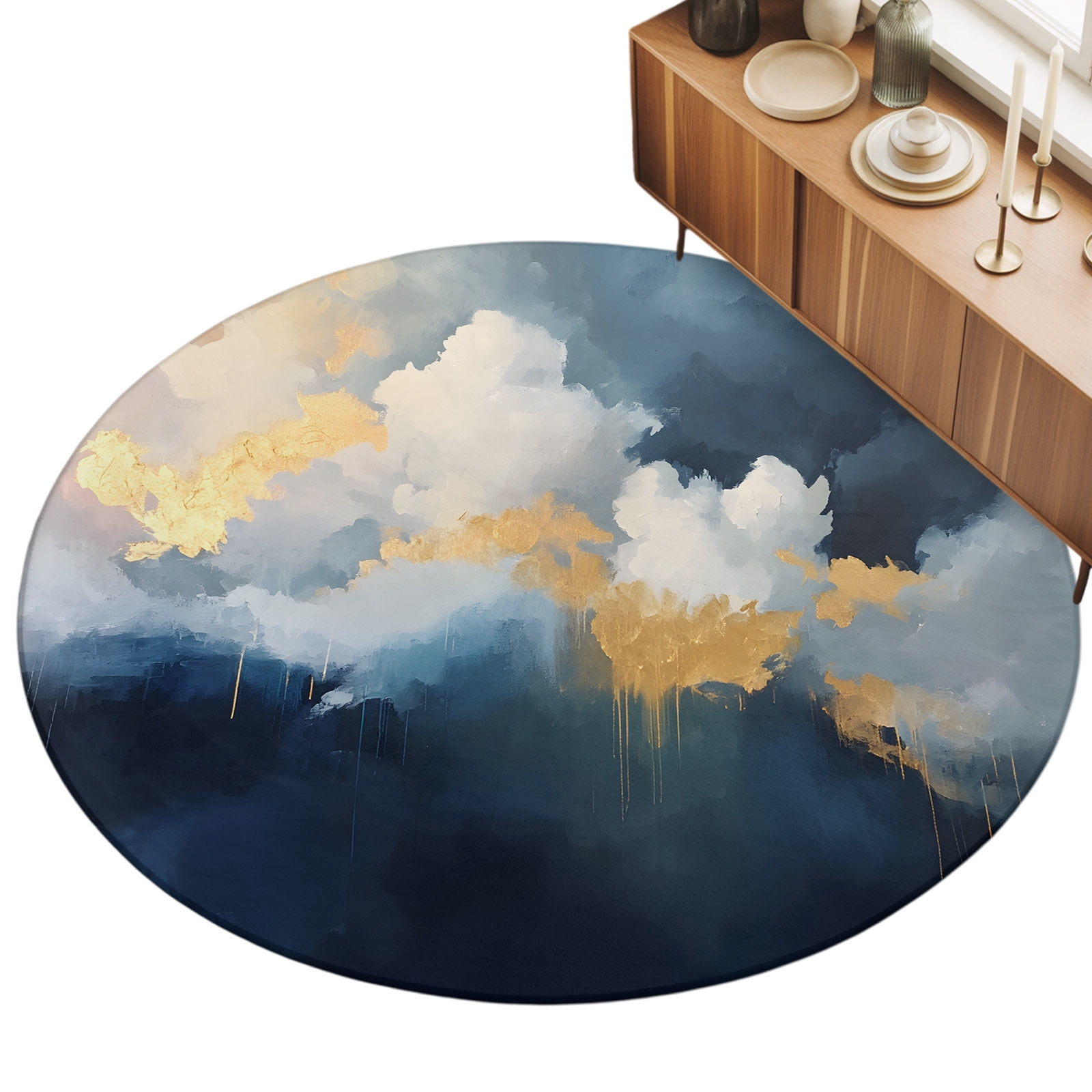 Abstract Wave Art Area Rugs 5' (Round) Blue Gold Clouds Ocean Oil ...