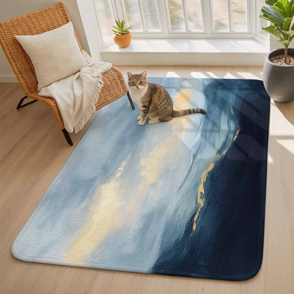 Abstract Wave Art Area Rugs for Living Room 5x6, Blue Yellow Sunshine Oil Painting Style Washable Area Rug with Non Slip Backing, Stain Resist Carpet for Bedroom, Dining Room, Entryway, Entrance