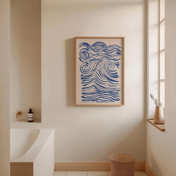Abstract Wave Art Poster Blue Cream Coastal Decor, 8x12 UNFRAMED