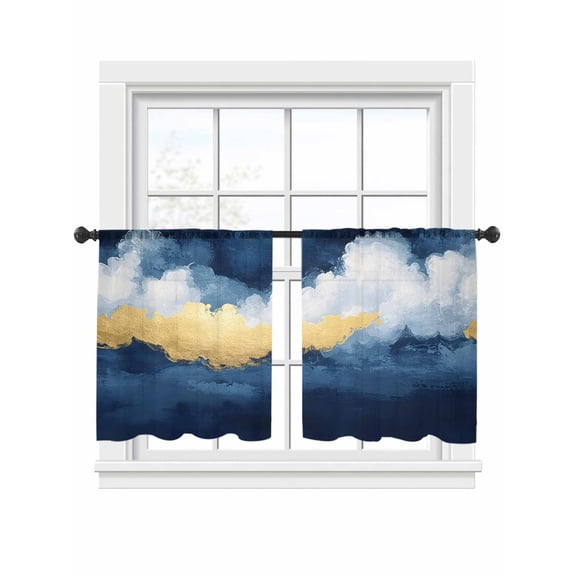 Abstract Wave Art Sheer Curtains 2 Panels Set Gold Cloud Blue Sky Oil Painting Style Sheer Window Curtains Light Filtering Rod Pocket Voile Drapes for Bedroom Living Room 52"x45"